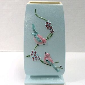 Vintage Hull Pottery Serenade Pattern Rectagular Chickadee Vase in Turquoise